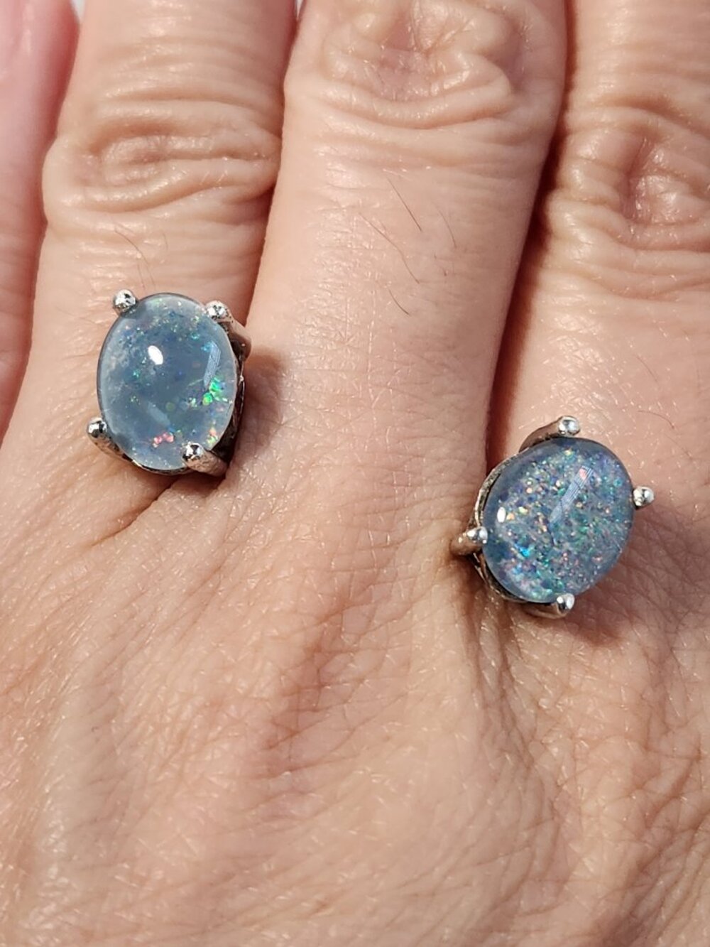 Intergalactic! VTG Large Natural Blue Fire Ridge Opals 925 10x7mm Stud Earrings